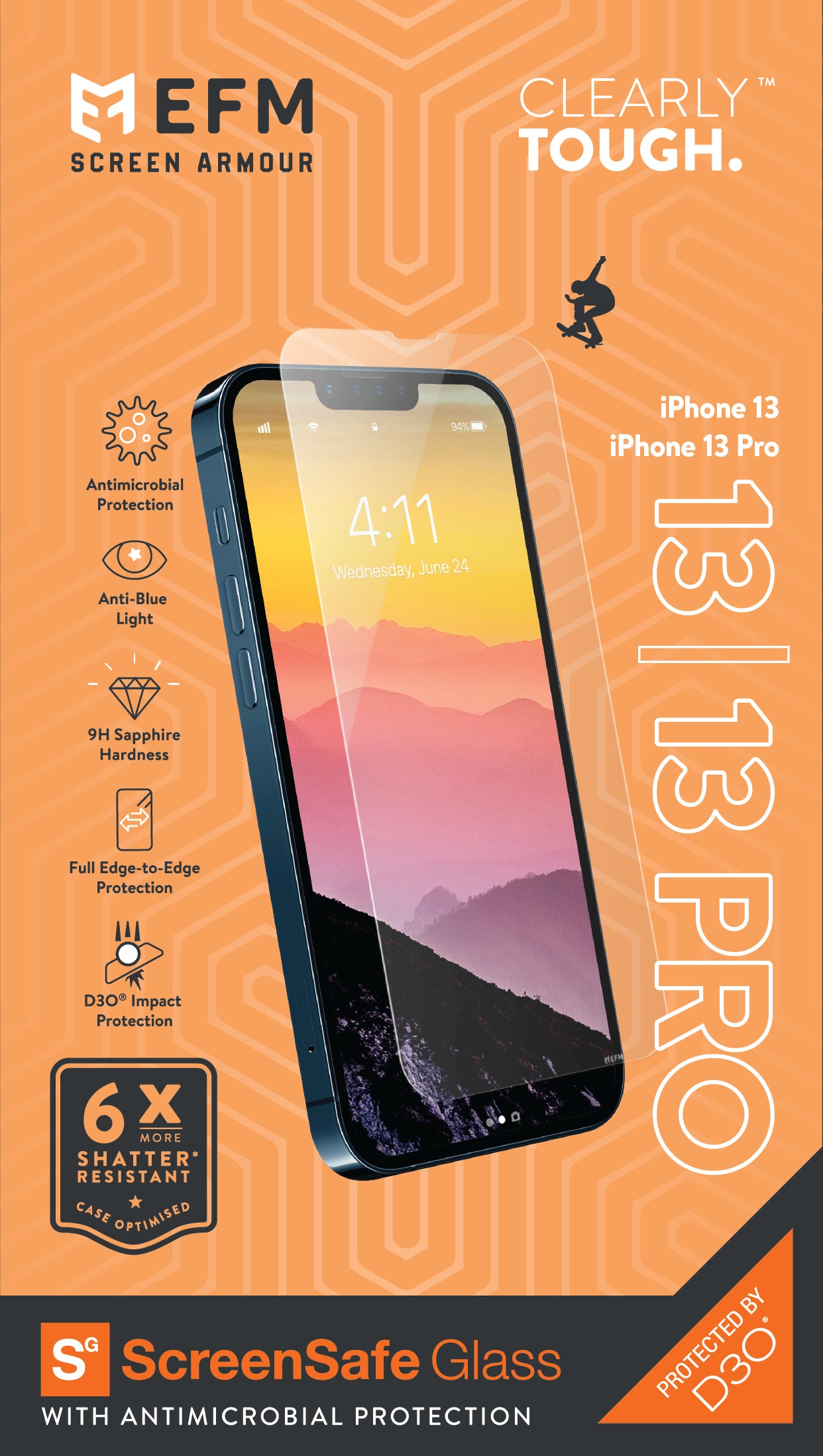 EFM ScreenSafe Glass Screen Armour with D3O - For iPhone 13/13 Pro (6.1")/iPhone 14 (6.1")