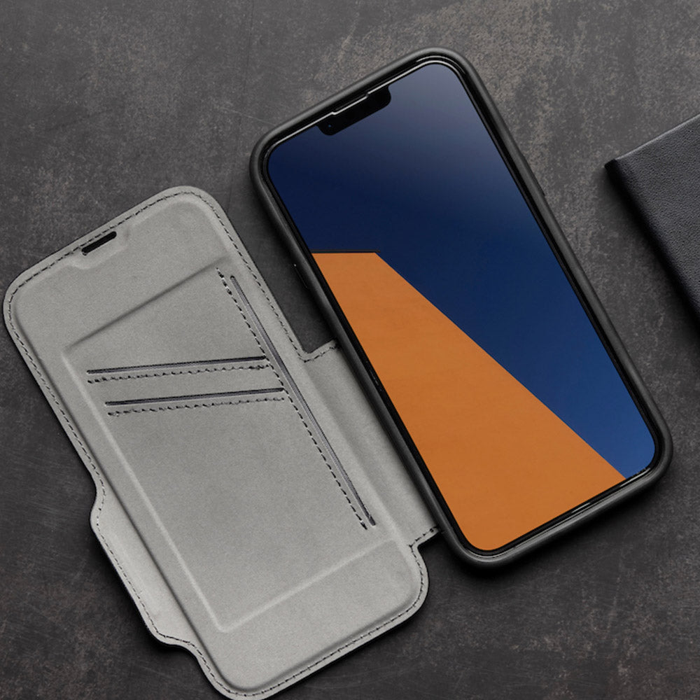 EFM Monaco Leather Wallet Case Armour with D3O 5G Signal Plus - For iPhone 13 Pro (6.1" Pro) - Black/Space Grey