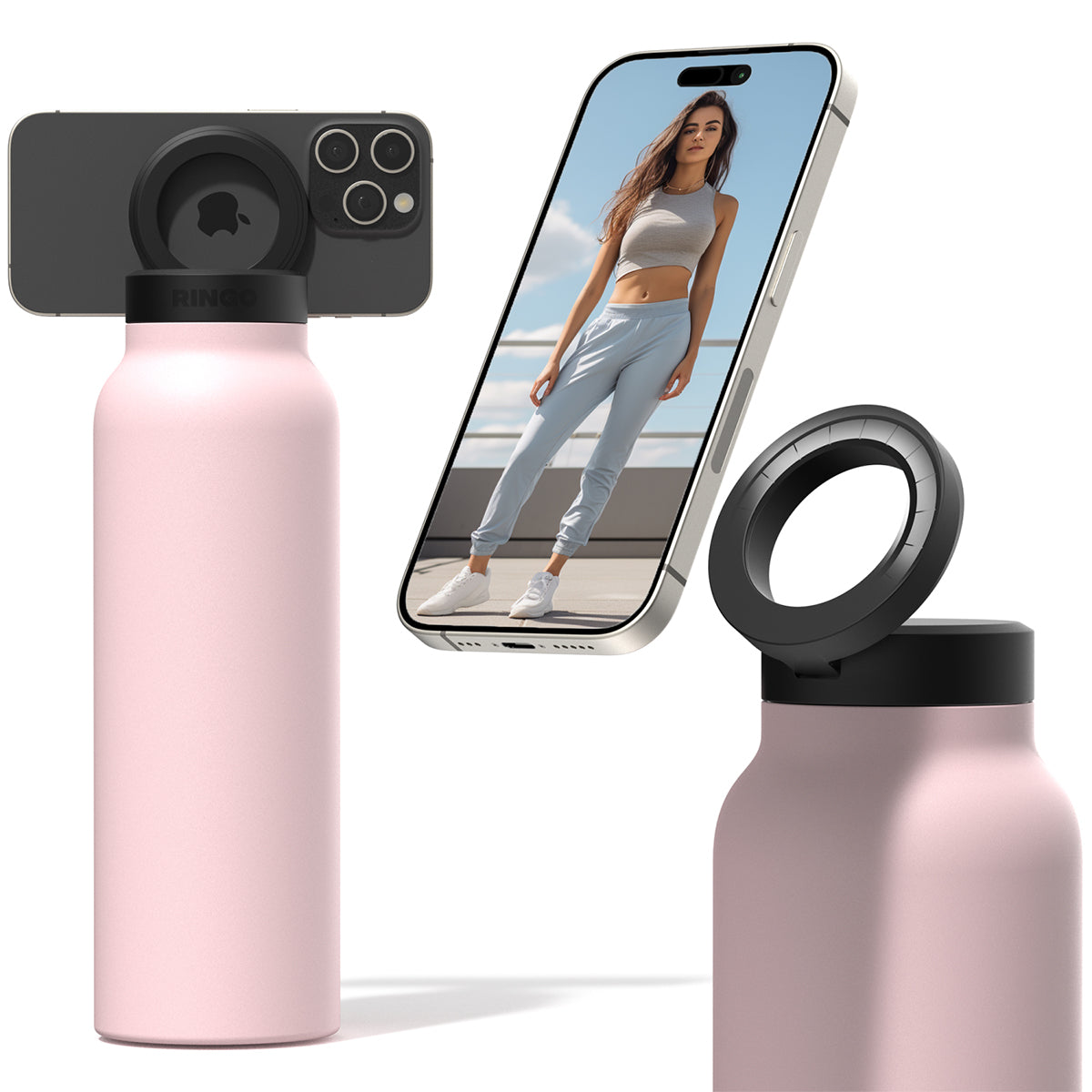 Ringo Water Bottle - with Magnetic Phone Mount - Pink -710ml (24oz)