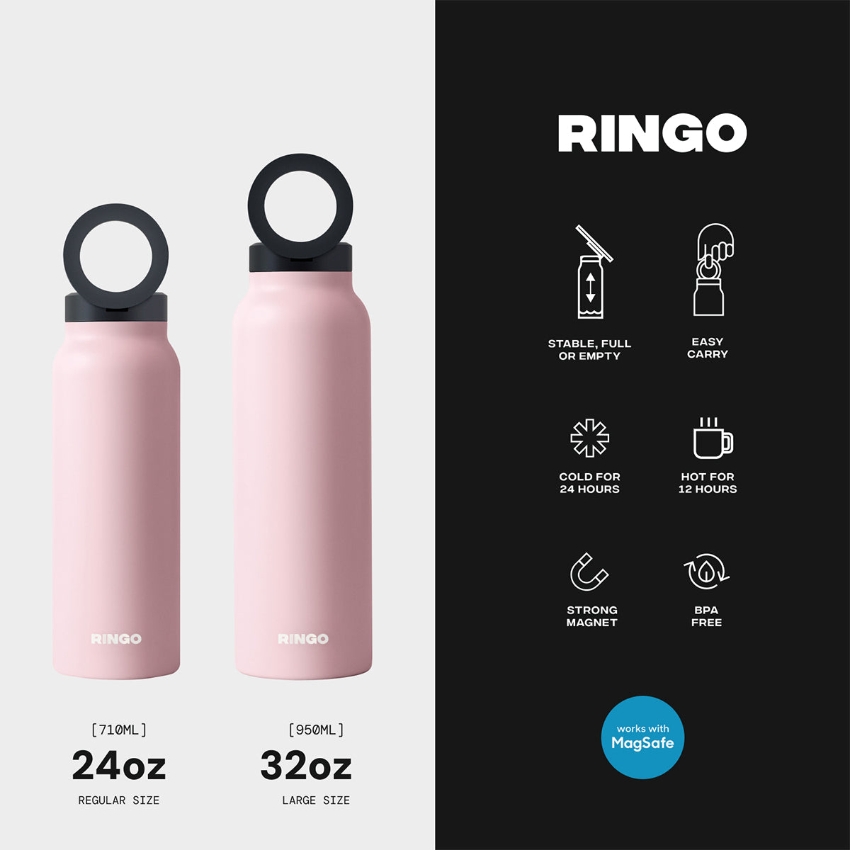 Ringo Water Bottle - with Magnetic Phone Mount - Pink -710ml (24oz)