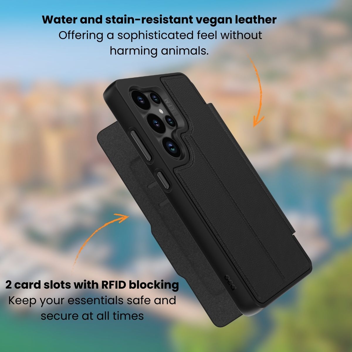 EFM Monaco Vegan Leather Wallet Case with D3O BIO - For Samsung Galaxy S25+ - Black