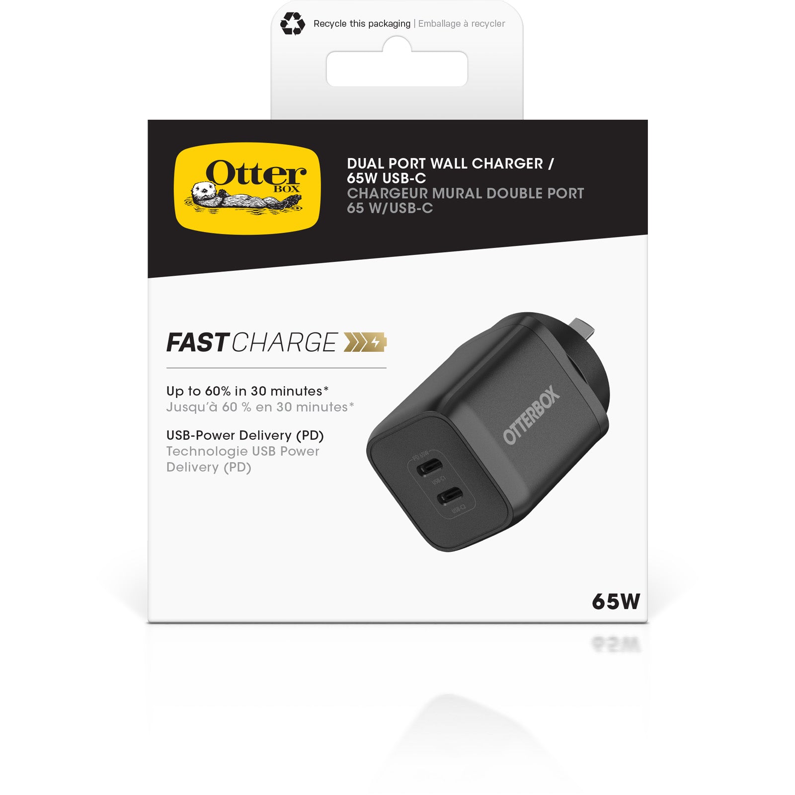 OtterBox 65W Dual Port USB-C Wall Charger - With - 1 x USB-C 45W and 1 x USB-C 20W Port - Black
