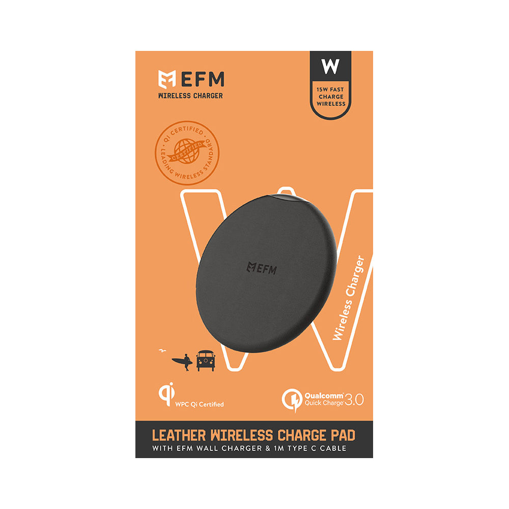 EFM Leather Wireless Charge Pad - 15W Qi WPC Certified with USB Wall Adapter