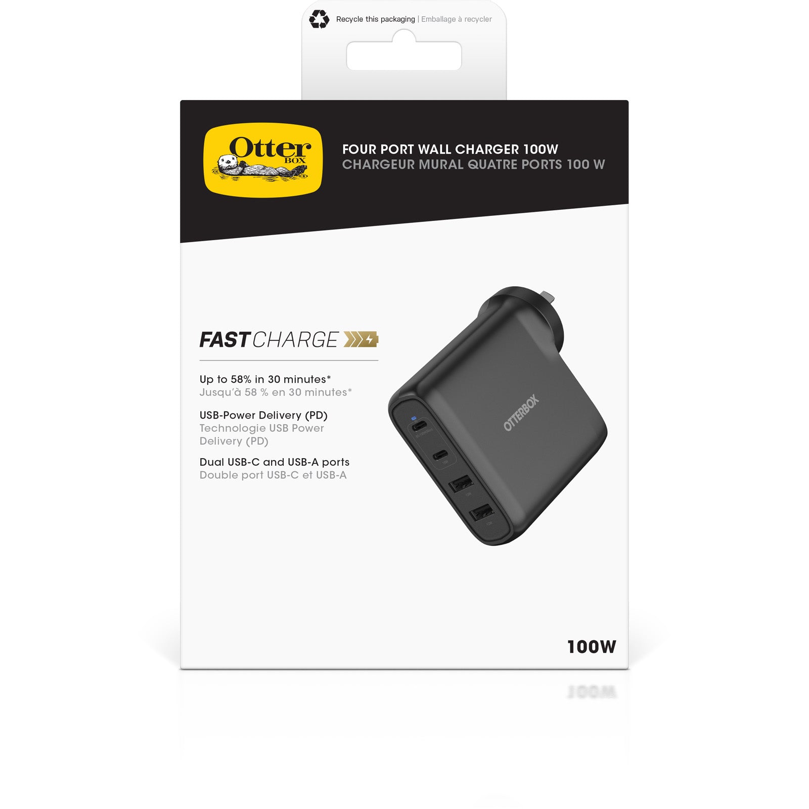 OtterBox 100W Four Port Wall Charger - Black - With - 2 x USB-C and 2 x USB-A Ports- Black