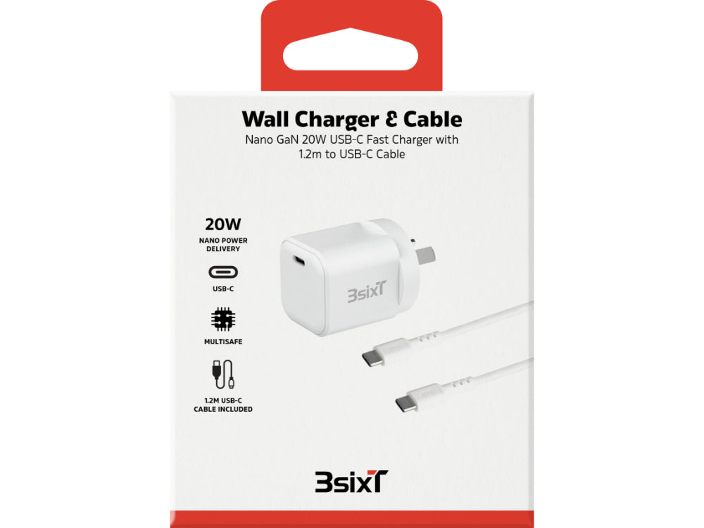 3sixT Wall Charger GaN 20W USB-C PD + USB-C to USB-C - W