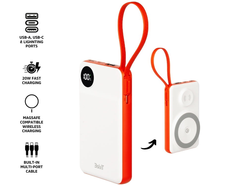 3sixT JetPak 3 in 1 Wireless 10000mAh PowerBank - Wht/Orange