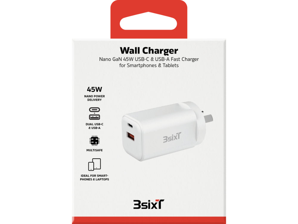 3sixT Wall Charger GaN 45W USB-C PD + 2.4A - W