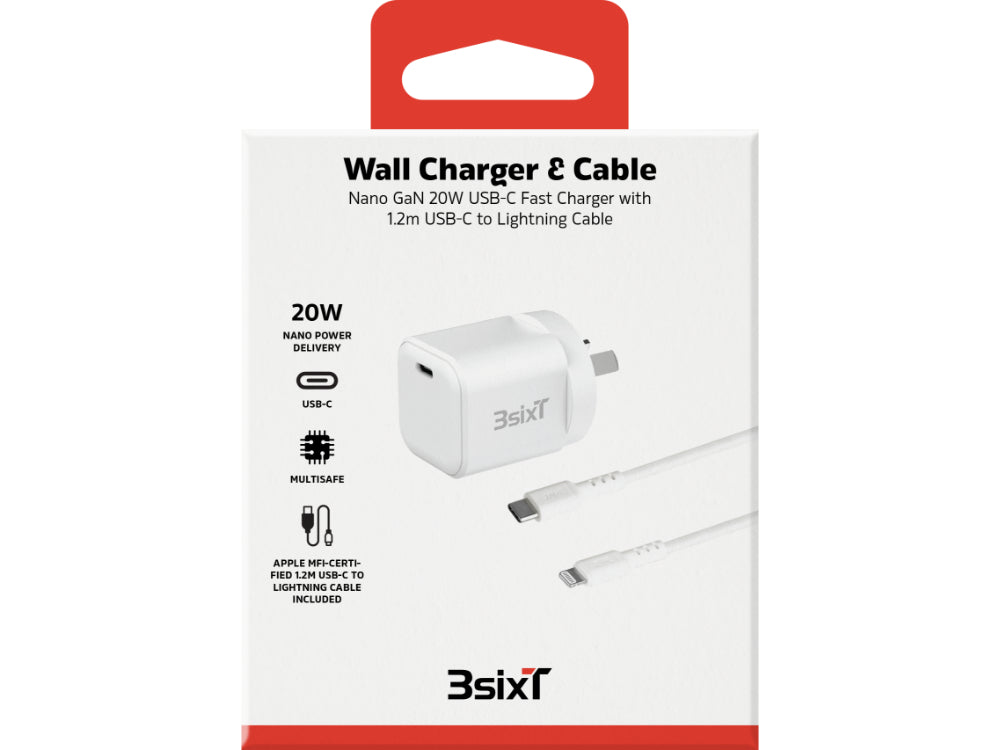 3sixT Wall Charger GaN 20W USB-C PD + USB-C to Lightning - W