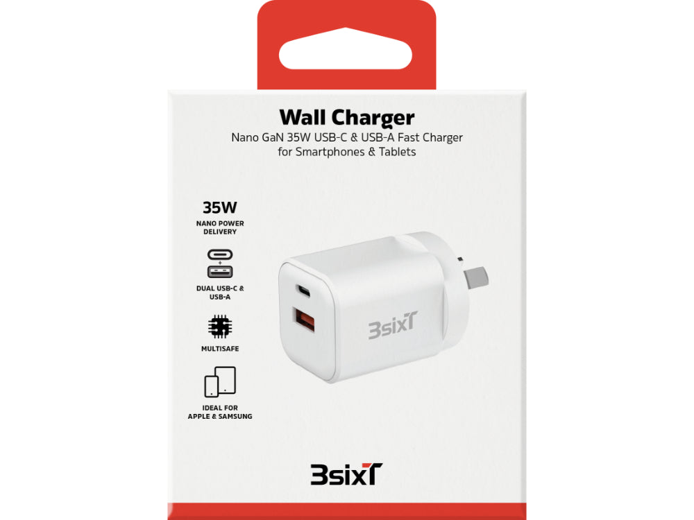 3sixT Wall Charger GaN 35W USB-C PD + QC27W USB-A(Max 15W)-W