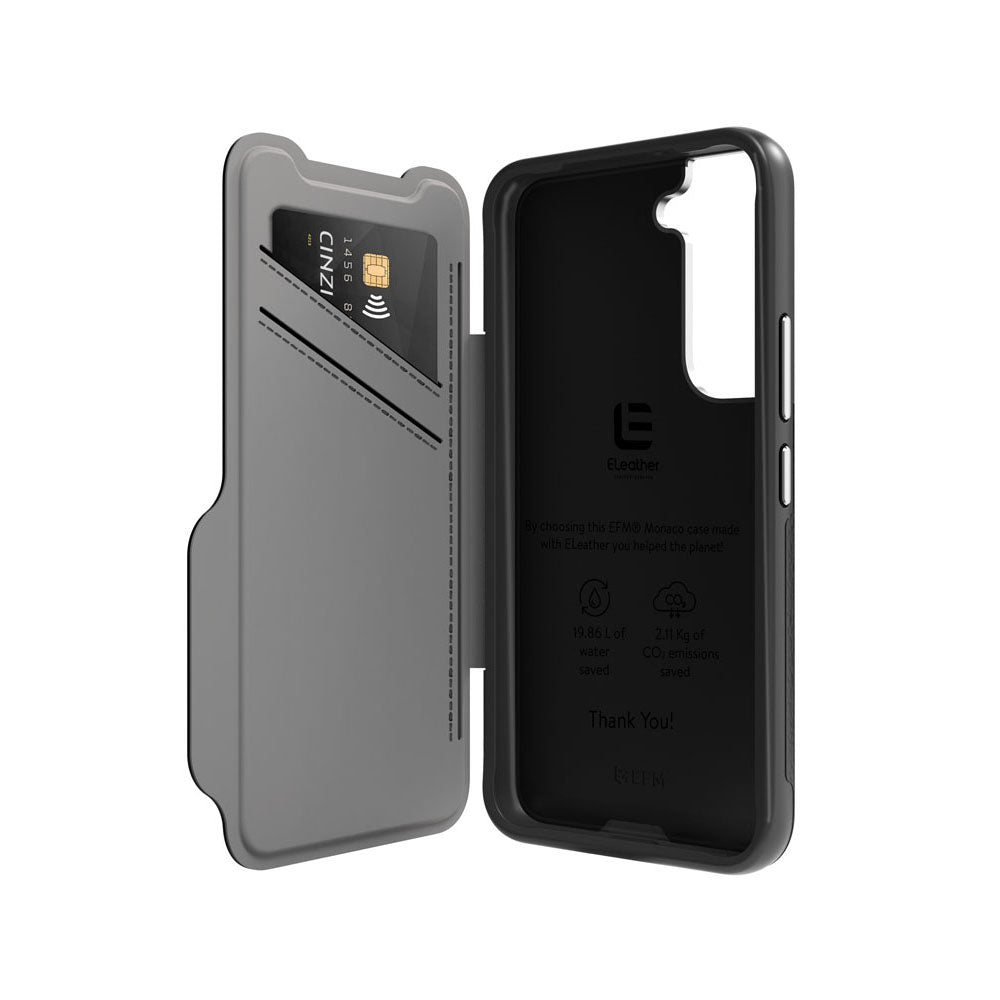 EFM Monaco Leather Wallet Case Armour with D3O 5G Signal Plus - For Samsung Galaxy S22 (6.1) - Black/Space Grey