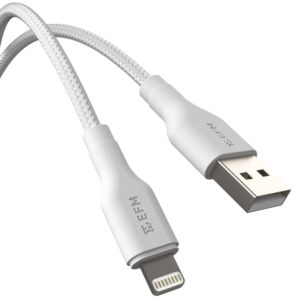 EFM USB-A to Lightning Braided Power and Data 2M Cable - Tested to withstand 20000+ bends - White